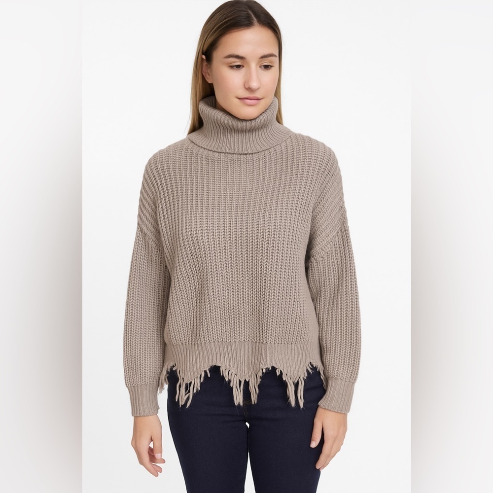 Just Polly New York Tan Crochet Knit Turtleneck Sweater M Boho Boxy Raw Hem